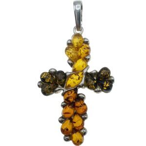 Sterling Silver Tricolor Amber Cross Pendant 925 Large Statement